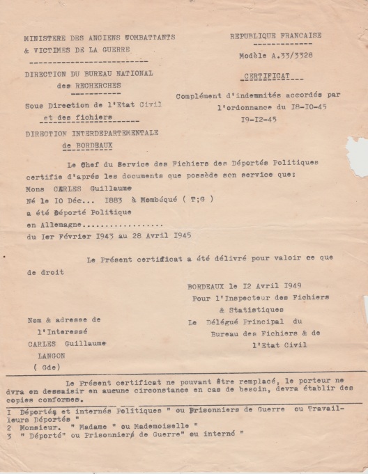 Certificat de déportation de Guillaume Carles